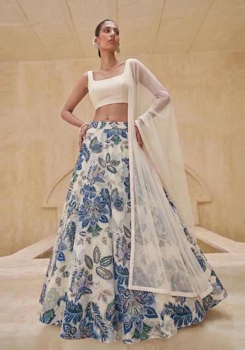 Of White Printed Organza Lehenga Set