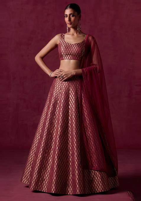 Deep Maroon Brocade Lehenga Set