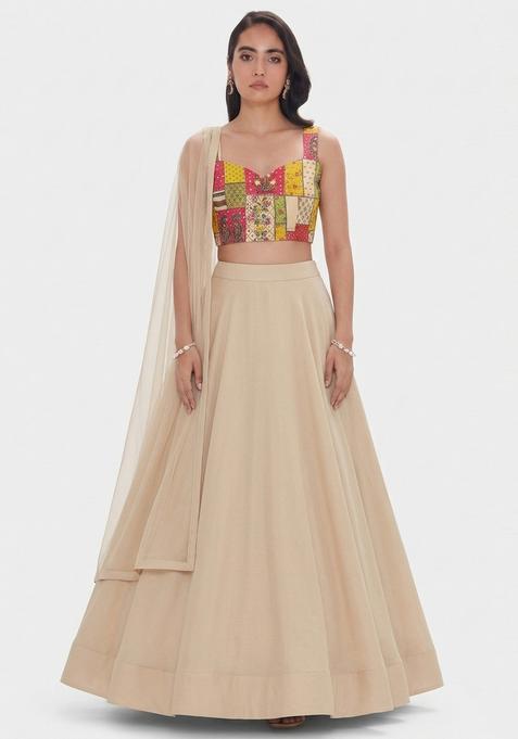 Beige Printed Chinon Lehenga Set