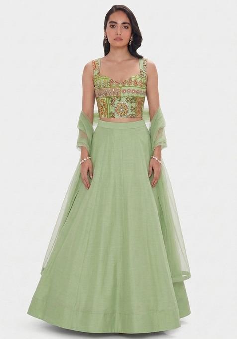 Light Green Printed Chinon Lehenga Set