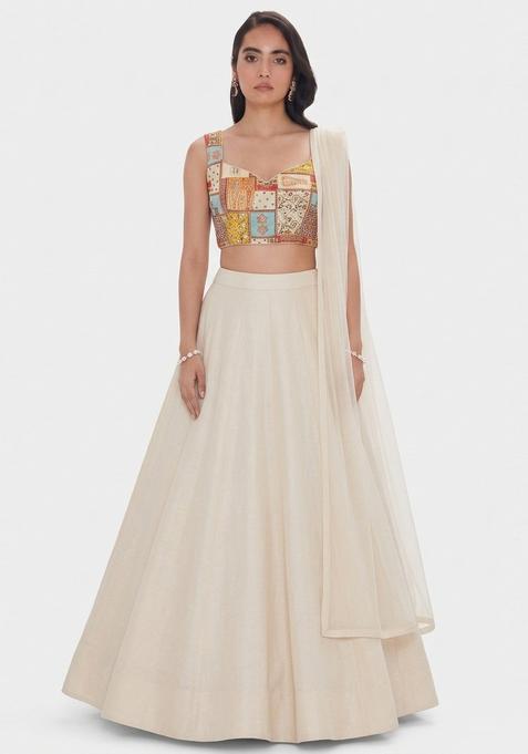 Off White Printed Chinon Lehenga Set