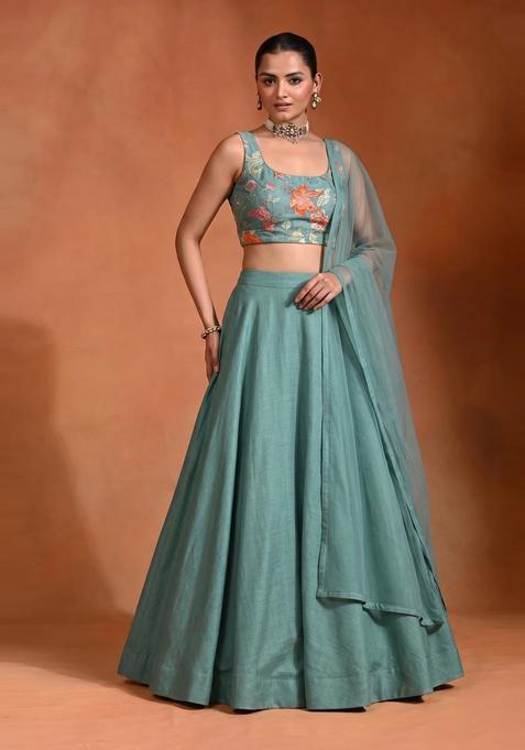 Sea Green Embroidered Organza Lehenga Set