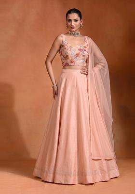Peach Embroidered Organza Lehenga Set