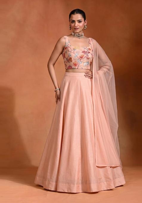 Peach Embroidered Organza Lehenga Set