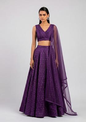 Deep Purple Embroidered Crepe Lehenga Set