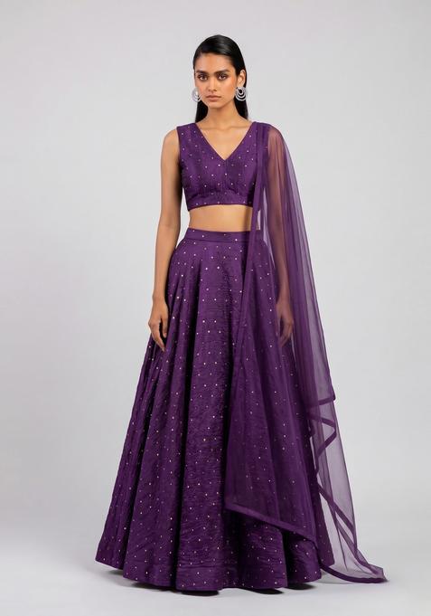 Deep Purple Embroidered Crepe Lehenga Set