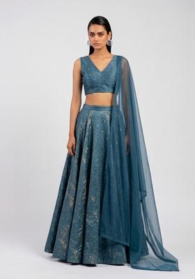Teal Blue Embroidered Crepe Lehenga Set