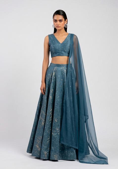 Teal Blue Embroidered Crepe Lehenga Set