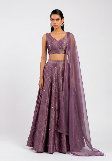 Mauve Embroidered Crepe Lehenga Set