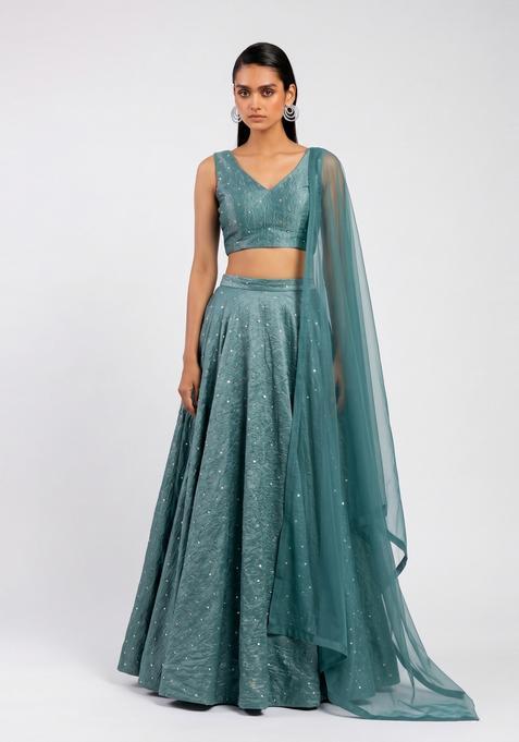 Sea Green Embroidered Crepe Lehenga Set
