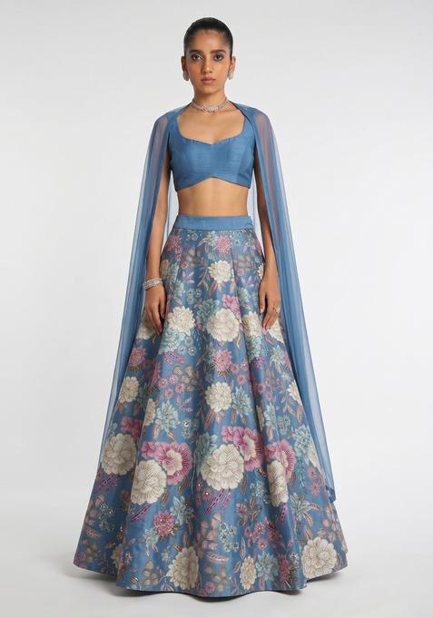 Powder Blue Printed Silk Lehenga Set