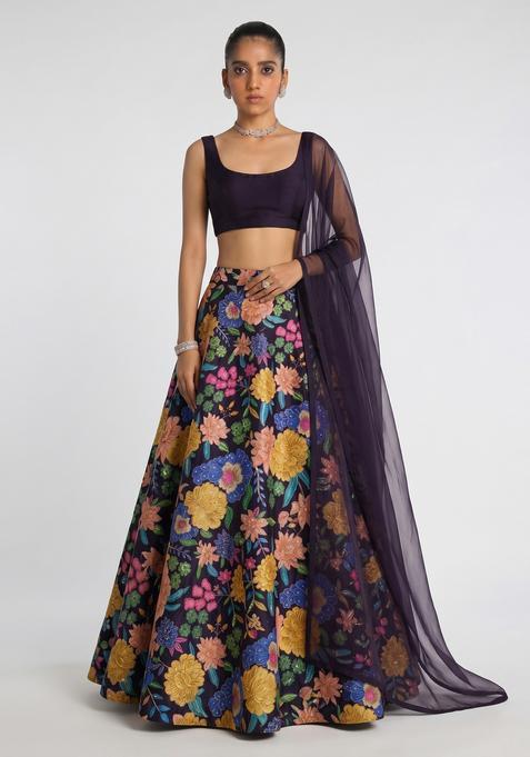 Deep Purple Printed Silk Lehenga Set