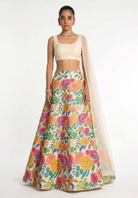 Off-White Printed Silk Blend Lehenga Set