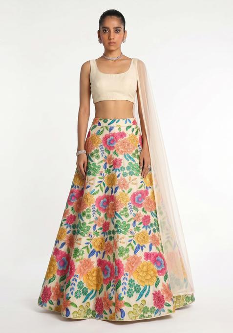 Off-White Printed Silk Lehenga Set