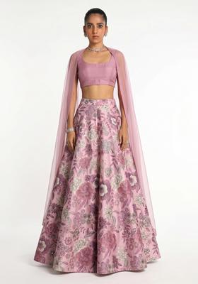 Pastel Pink Printed Silk Blend Lehenga Set