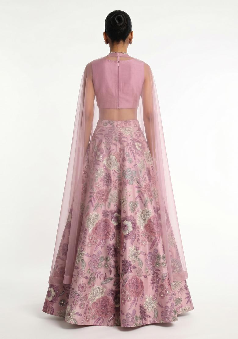 Pastel Pink Printed Silk Blend Lehenga Set - Indya