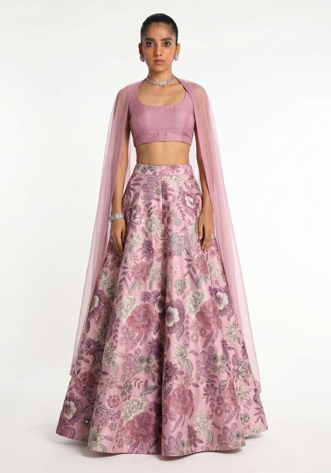Pastel Pink Printed Silk Lehenga Set