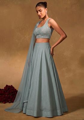Powder Blue Embroidered Chanderi Lehenga Set