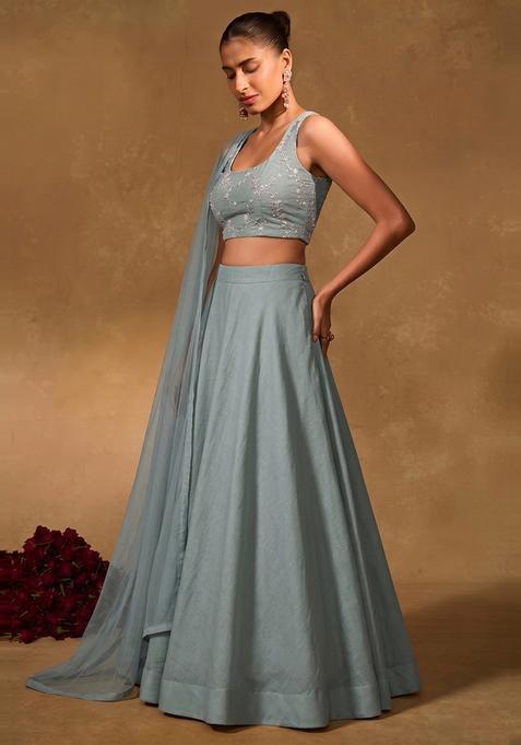 Powder Blue Embroidered Chanderi Lehenga Set