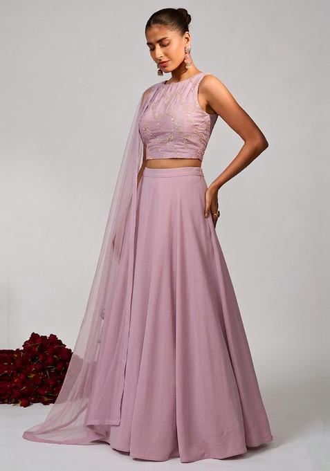 Pastel Pink Embroidered Chanderi Lehenga Set