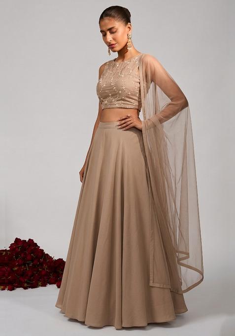 Sand Beige Embroidered Chanderi Lehenga Set