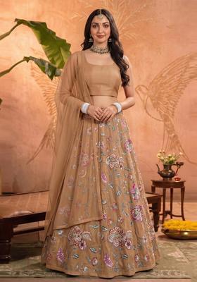 Beige Printed Crepe Lehenga Set