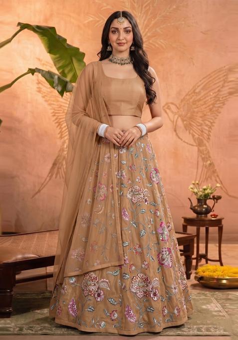 Beige Printed Crepe Lehenga Set