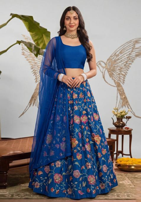 Royal Blue Printed Crepe Lehenga Set