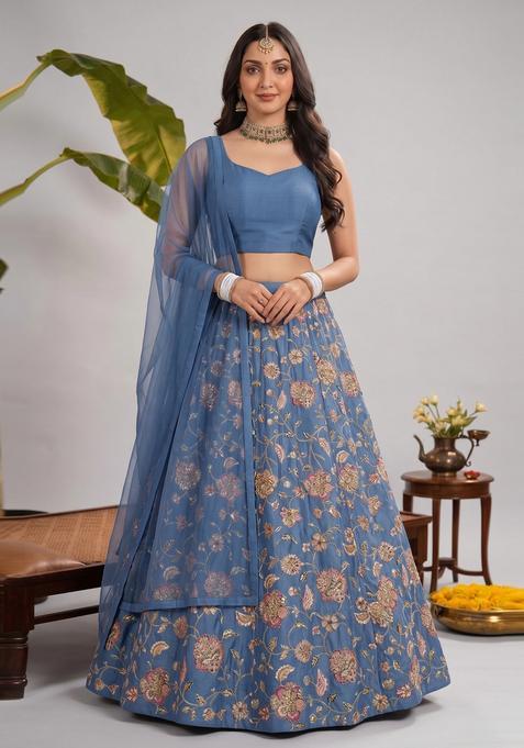 Powder Blue Printed Crepe Lehenga Set