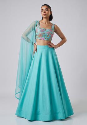 Turquoise Blue Printed Organza Lehenga Set
