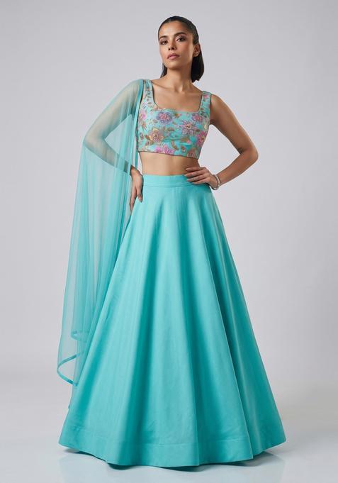 Turquoise Blue Printed Organza Lehenga Set