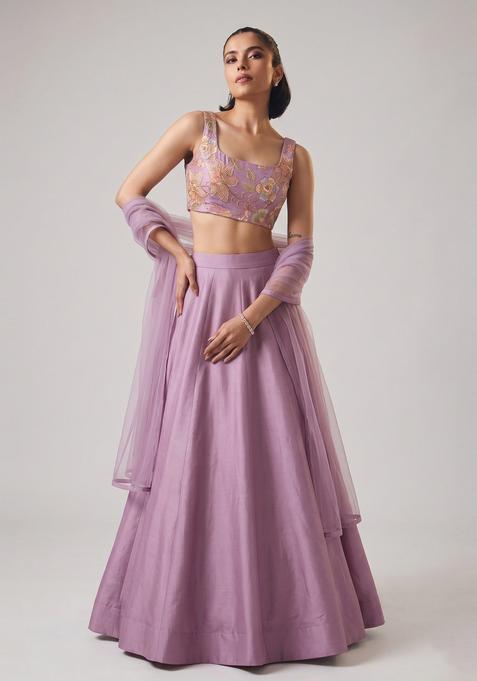Lavender Printed Organza Lehenga Set