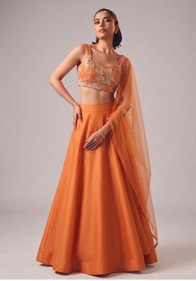 Rust Orange Printed Organza Lehenga Set