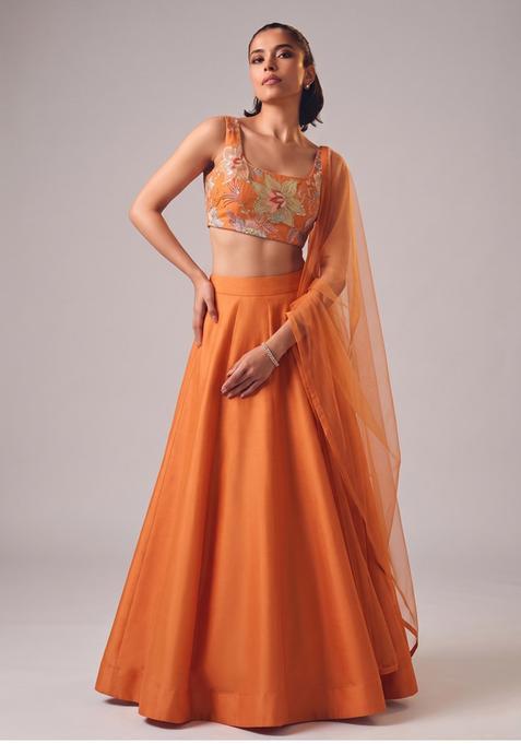 Rust Orange Printed Organza Lehenga Set