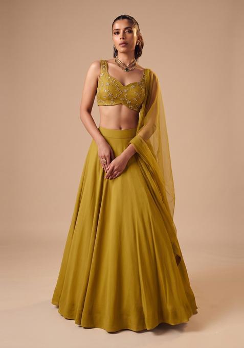 Olive Green Embroidered Organza Lehenga Set