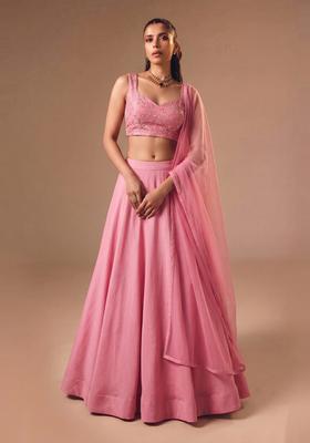 Pink Embroidered Organza Lehenga Set