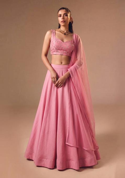 Pink Embroidered Organza Lehenga Set