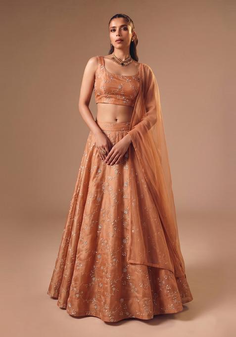 Rust Embroidered Organza Lehenga Set