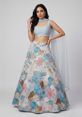 Powder Blue Printed Crepe Lehenga Set