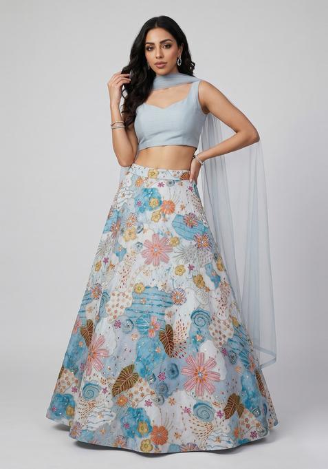 Powder Blue Printed Crepe Lehenga Set