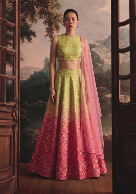 Multicolor Printed Silk Lehenga Set
