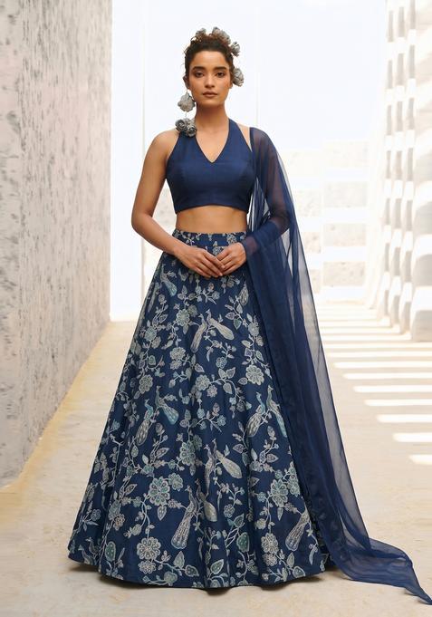 Navy Blue Printed Crepe Lehenga Set