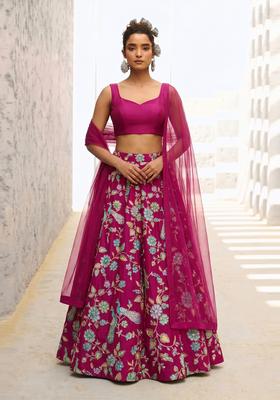 Magenta Printed Crepe Lehenga Set