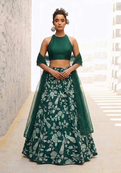 Emerald Green Printed Crepe Lehenga Set