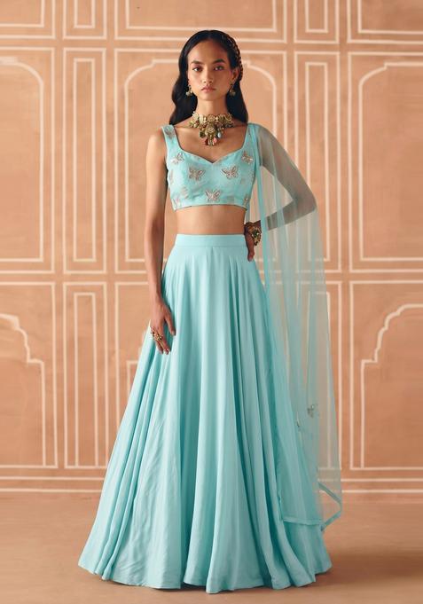 Blue Embroidered Organza Lehenga Set