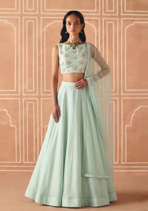 Mint Embroidered Organza Lehenga Set