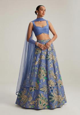 Powder Blue Printed Crepe Lehenga Set