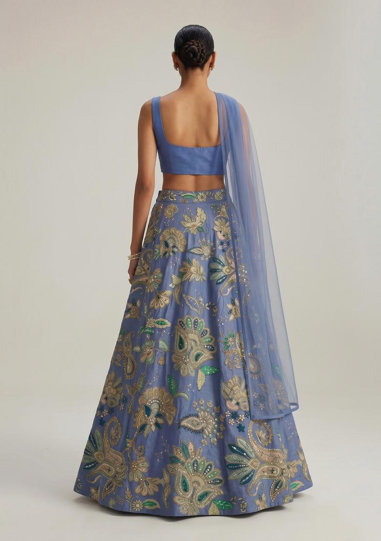 Powder Blue Printed Crepe Lehenga Set - Indya