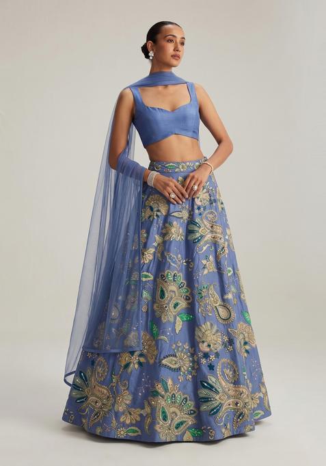 Powder Blue Printed Crepe Lehenga Set