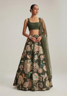 Olive Green Printed Crepe Lehenga Set